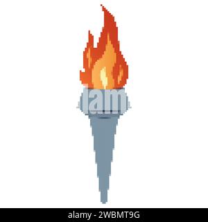 Pixel flammende Taschenlampe. Cartoon-Taschenlampe mit Flamme. Brennendes Feuer oder Flamme. Sportfeuerzeichen. Wettkämpfe, Sport-, Champion-, Sportspiel- oder Freiheitsfackeln mit Flammensymbol. Stock Vektor