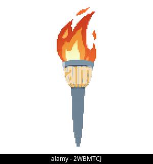 Pixel flammende Taschenlampe. Cartoon-Taschenlampe mit Flamme. Brennendes Feuer oder Flamme. Sportfeuerzeichen. Wettkämpfe, Sport-, Champion-, Sportspiel- oder Freiheitsfackeln mit Flammensymbol. Stock Vektor