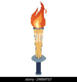 Pixel flammende Taschenlampe. Cartoon-Taschenlampe mit Flamme. Brennendes Feuer oder Flamme. Sportfeuerzeichen. Wettkämpfe, Sport-, Champion-, Sportspiel- oder Freiheitsfackeln mit Flammensymbol. Stock Vektor