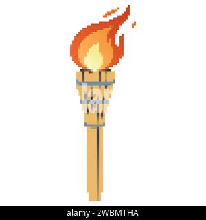 Pixel flammende Taschenlampe. Cartoon-Taschenlampe mit Flamme. Brennendes Feuer oder Flamme. Sportfeuerzeichen. Wettkämpfe, Sport-, Champion-, Sportspiel- oder Freiheitsfackeln mit Flammensymbol. Stock Vektor