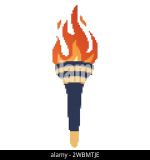 Pixel flammende Taschenlampe. Cartoon-Taschenlampe mit Flamme. Brennendes Feuer oder Flamme. Sportfeuerzeichen. Wettkämpfe, Sport-, Champion-, Sportspiel- oder Freiheitsfackeln mit Flammensymbol. Stock Vektor