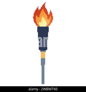 Pixel flammende Taschenlampe. Cartoon-Taschenlampe mit Flamme. Brennendes Feuer oder Flamme. Sportfeuerzeichen. Wettkämpfe, Sport-, Champion-, Sportspiel- oder Freiheitsfackeln mit Flammensymbol. Stock Vektor