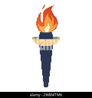 Pixel flammende Taschenlampe. Cartoon-Taschenlampe mit Flamme. Brennendes Feuer oder Flamme. Sportfeuerzeichen. Wettkämpfe, Sport-, Champion-, Sportspiel- oder Freiheitsfackeln mit Flammensymbol. Stock Vektor