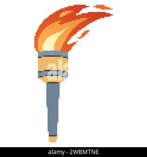 Pixel flammende Taschenlampe. Cartoon-Taschenlampe mit Flamme. Brennendes Feuer oder Flamme. Sportfeuerzeichen. Wettkämpfe, Sport-, Champion-, Sportspiel- oder Freiheitsfackeln mit Flammensymbol. Stock Vektor