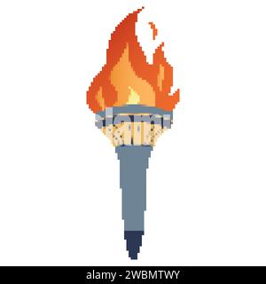 Pixel flammende Taschenlampe. Cartoon-Taschenlampe mit Flamme. Brennendes Feuer oder Flamme. Sportfeuerzeichen. Wettkämpfe, Sport-, Champion-, Sportspiel- oder Freiheitsfackeln mit Flammensymbol. Stock Vektor