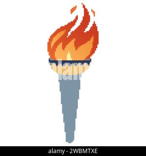 Pixel flammende Taschenlampe. Cartoon-Taschenlampe mit Flamme. Brennendes Feuer oder Flamme. Sportfeuerzeichen. Wettkämpfe, Sport-, Champion-, Sportspiel- oder Freiheitsfackeln mit Flammensymbol. Stock Vektor