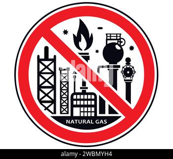 Verbotsschild – die Verwendung von Erdgas ist verboten. Gemäß dem Beschluss der UN-Konferenz auf der COP28 sollte die Nutzung von Erdgas auf beschränkt werden Stock Vektor