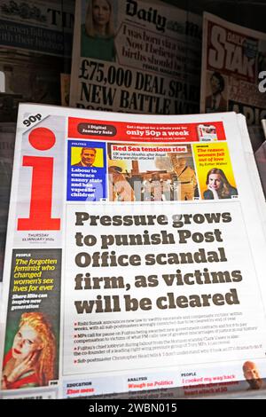 „Der Druck wächst, um Post Office Skandal Firmen zu bestrafen, da die Opfer befreit werden“ i Zeitung Titelseite Fujitsu artikel 11 Januar 2024 London Großbritannien Stockfoto