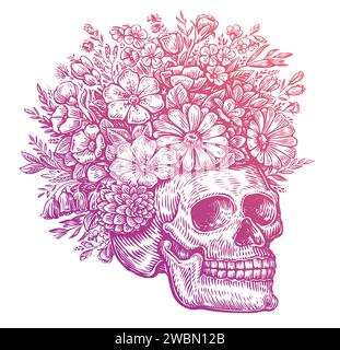 Menschlicher Schädel mit Blumen. Handgezeichnete Vektorgrafik Stock Vektor