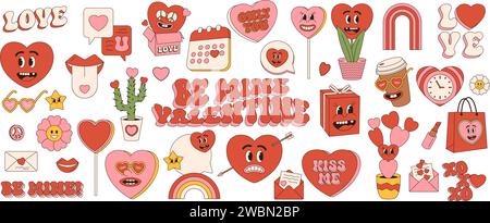 Grooviges Love Sticker Set. Retro-Aufkleber zum Valentinstag. Cartoon-groovige romantische Elemente, Hippie-Charaktere. Vintage-Comic, süßer Cupid mit Liebe Stock Vektor