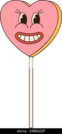 lollipop groovige Retro-Ikone Retro-Cartoon Valentinstag-Element im trendigen Retro-Stil der 60er Jahre 70er Jahre. Vektorabbildung... Stock Vektor