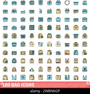 100 Symbole für Beutel. Farblinie Satz von Beutelvektorsymbolen dünne Linie Farbe flach auf weiß Stock Vektor