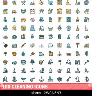 100 Reinigungssymbole eingestellt. Farblinie Satz von Reinigungsvektorsymbolen dünne Linie Farbe flach auf weiß Stock Vektor
