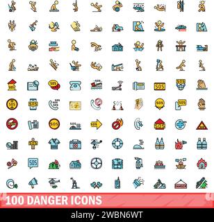 100 Gefahrensymbole gesetzt. Farblinie Satz von Gefahrenvektorsymbolen dünne Linie Farbe flach auf weiß Stock Vektor