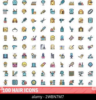 100 Haarsymbole eingestellt. Farblinie Satz von Haarvektorsymbolen dünne Linie Farbe flach auf weiß Stock Vektor