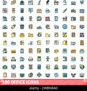 100 Bürosymbole. Farblinie Satz von Bürovektorsymbolen dünne Linie Farbe flach auf weiß Stock Vektor