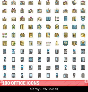 100 Bürosymbole. Farblinie Satz von Bürovektorsymbolen dünne Linie Farbe flach auf weiß Stock Vektor
