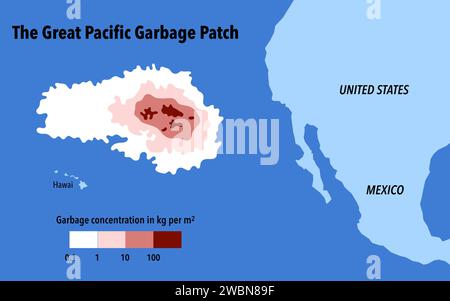 Karte des großen Müllflecks im Pazifischen Ozean Stockfoto