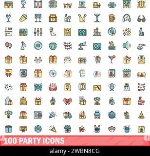 100 Partysymbole eingestellt. Farblinie Satz von Partyvektorsymbolen dünne Linie Farbe flach auf weiß Stock Vektor