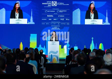 Madrid, Spanien. Januar 2024. Die Staatssekretärin für Handel und Präsident der ICEX Xiana Mendez sprach während der Abschlusszeremonie des spanischen Investorentags im Hotel Mandarín Oriental Ritz in Madrid. (Foto: Alberto Gardin/SOPA Images/SIPA USA) Credit: SIPA USA/Alamy Live News Stockfoto