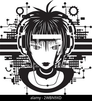 Cyber Techno Girl Illustration für Print oder Logo. Cyber-Punk-Mädchen. Stock Vektor