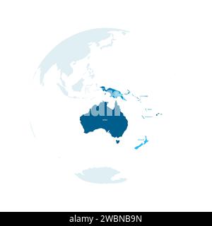 Politische Karte von Australien. Blaues Land mit Ländernamen auf weißem Hintergrund. Ortographische Projektion. Vektorabbildung Stock Vektor