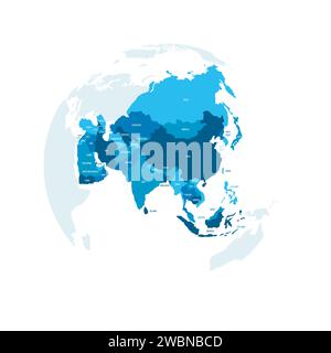 Politische Landkarte Asiens. Blaues Land mit Ländernamen auf weißem Hintergrund. Ortographische Projektion. Vektorabbildung Stock Vektor