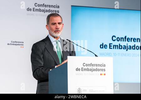 Madrid, Spanien. Januar 2024. Der spanische König Felipe VI. Sprach während der Abschlusszeremonie der spanischen Botschafterkonferenz am Hauptsitz des Außenministeriums in Madrid. (Foto: Alberto Gardin/SOPA Images/SIPA USA) Credit: SIPA USA/Alamy Live News Stockfoto