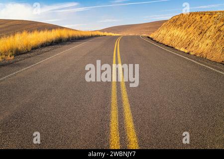 Eine leere Straße schlängelt sich durch Weizenfelder in Walla Walla, Washington. Stockfoto