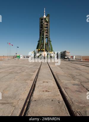 Die Sojus-Rakete steht bereit auf dem Startplatz in Baikonur, Kasachstan, Dienstag, 29. September, 2009 am Tag vor dem Start von Maxim Suraev, Jeffrey N. Williams und Guy Laliberté, dem Raumfahrtteilnehmer, sollen die ISS starten. Stockfoto