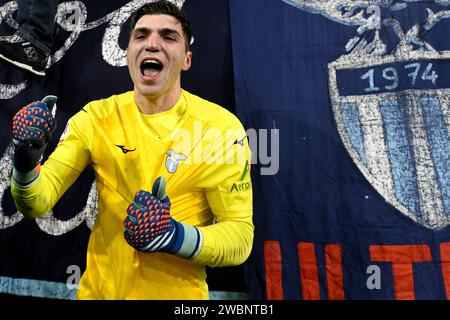 Christos Mandas von SS Lazio feiert am Ende des italienischen Fußballpokal-Spiels zwischen SS Lazio und AS Roma im Olimpico-Stadion in Rom (Italien) am 10. Januar 2024. Stockfoto