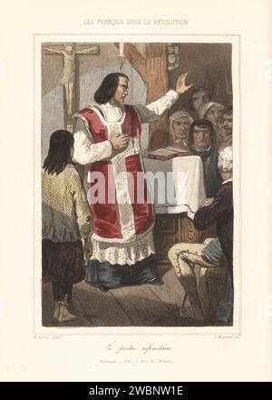 Ein katholischer Priester des refraktären Klerus, der sich weigerte, den Bürgereid von 1791 zu schwören. Ein nicht-jurierender Priester, der eine Messe vor seiner Gemeinde hält. Le pretre refractaire, ou le pretre insermente. Handkolorierter Stahlstich von Leopold Massard nach einer Illustration von Henri Baron aus Augustin Challamel und Wilhelm Tenint's Les Francais sous la Revolution, die Franzosen unter der Revolution, Challamel, Paris, 1843. Stockfoto