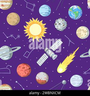 Nahtloses Muster mit Sternen, Planeten und Satelliten im Kosmos. Cartoondruck mit Raumelementen, Vektorillustration. Stock Vektor