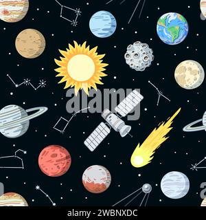 Nahtloses Muster mit Sternen, Planeten und Satelliten im Kosmos. Cartoondruck mit Raumelementen, Vektorillustration. Stock Vektor