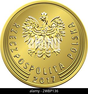 Vektorseite polnisches Geld 1 Zloty, 1, 2 und 5 groszy Münze mit Adler in goldener Krone, neues Design Stock Vektor