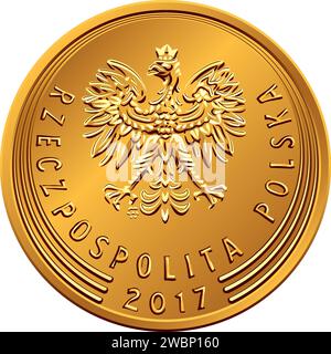 Vektorseite polnisches Geld 1 Zloty, 1, 2 und 5 groszy Münze mit Adler in goldener Krone, neues Design Stock Vektor