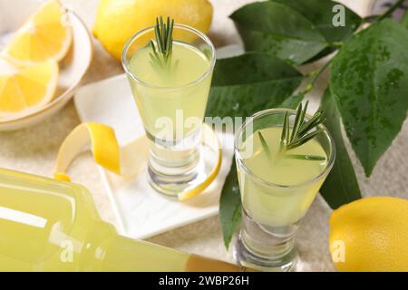 Leckerer Limoncello-Likör, Zitronen und grüne Blätter auf dem Tisch, Nahaufnahme Stockfoto
