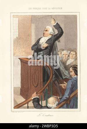 Der gefeierte Redner Mirabeau sprach an einem Rednerpult, 1791. Honoré Gabriel Riqueti, Graf von Mirabeau, Mitglied des Jacobin-Clubs, Schriftsteller, Diplomat und Journalist, 1749-91. L'orateur. Handkolorierter Stahlstich von Leopold Massard aus Augustin Challamel und Wilhelm Tenint's Les Francais sous la Revolution, die Franzosen unter der Revolution, Challamel, Paris, 1843. Stockfoto