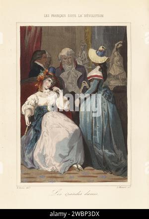 Ein Salon, der von einer der großen Damen der französischen Revolutionszeit veranstaltet wird. Zwei Frauen in Strohhüten und feinen Kleidern mit Fichu- oder Cameo-Brosche. Basierend auf Madame Necker, Suzanne Curchod, Madame Roland usw. Les Grandes Damen. Handkolorierter Stahlstich von Leopold Massard nach einer Illustration von Henri Baron aus Augustin Challamel und Wilhelm Tenint's Les Francais sous la Revolution, die Franzosen unter der Revolution, Challamel, Paris, 1843. Stockfoto