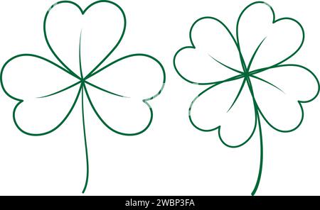 Zwei konturgezeichnete Baumblätter und vierblättrige Kleeblätter in trendigem Grün. Design für Icon oder verschiedene Verwendungszwecke. Isolieren. EPS. Vektoraufkleber oder Web, Poster, Banner, Gruß oder Einladung und andere verschiedene Verwendungszwecke Stock Vektor