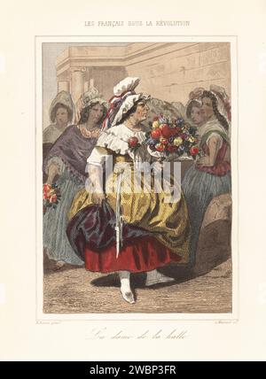 Obstverkäufer Louise reine Audu in dreifarbiger Motorhaube und durchgehenden Röcken mit Blumenstrauß. Sie führte 800 Marktfrauen, die im Oktober 1789 nach Versailles marschierten, um Brot zu fordern. La Dame de la halle. Handkolorierter Stahlstich von Leopold Massard nach einer Illustration von Henri Baron aus Augustin Challamel und Wilhelm Tenint's Les Francais sous la Revolution, die Franzosen unter der Revolution, Challamel, Paris, 1843. Stockfoto