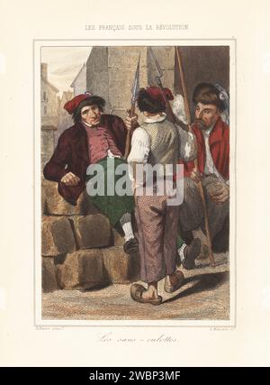 Eine Gruppe bewaffneter Zivilisten oder Sans-Culottes an einer Barrikade während der Französischen Revolution. Arbeiter in phrygischer Mütze mit dreifarbigen Kokaden, Mänteln, Pantaloons und Clogs, bewaffnet mit Musketen und Hechten. Les sans-Culottes. Handkolorierter Stahlstich von Leopold Massard nach einer Illustration von Henri Baron aus Augustin Challamel und Wilhelm Tenint's Les Francais sous la Revolution, die Franzosen unter der Revolution, Challamel, Paris, 1843. Stockfoto