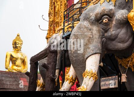 Beeindruckende geschnitzte Elefantenfiguren, mit Gold verziert, am buddhistischen Tempel und beliebte Touristenattraktion, am Treffpunkt von Thailand, Stockfoto