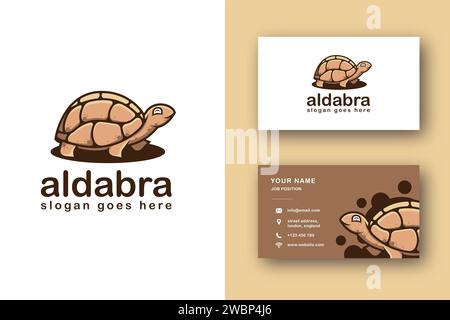 Lustige fröhliche Aldabra Schildkröte Zeichentrick Maskottchen Logo Icon Vektor Illustration und Visitenkarte Vorlage Stock Vektor