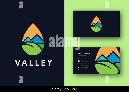 Moderne abstrakte Tal- und Blattlandschaft Logo-Icon-Vektor in Wassertropfen und Visitenkartenvorlage Stock Vektor