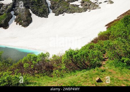 Das Ufer eines wunderschönen Sees, der mit Büschen in einer Berghöhle mit Resten von Schnee auf den Hängen bewachsen ist. Iwanowskie Seen, Chakassia, Sibirien, Ru Stockfoto