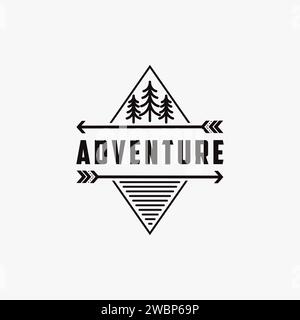 Minimalistisches Outdoor-Adventure-Logo mit Kiefern und Pfeilvektorillustration Stock Vektor