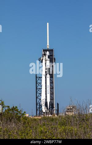 Am 21. Mai 2020 steht die Dragon-Raumsonde der SpaceX-Crew auf der Falcon-9-Rakete des Unternehmens vor dem Start der SpaceX Demo-2 der NASA im historischen Starterkomplex 39A im Kennedy Space Center in Florida. Die Rakete und das Raumschiff werden die NASA-Astronauten Robert Behnken und Douglas Hurley im Rahmen des Commercial Crew Program zur Internationalen Raumstation bringen und nach fast einem Jahrzehnt die Fähigkeit der menschlichen Raumfahrt in die USA zurückgeben. Dies wird der letzte Flugtest von SpaceX sein und der NASA den Weg ebnen, das Transportsystem der Besatzung für reguläre, bemannte Flüge zu zertifizieren Stockfoto