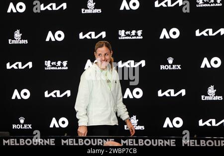 Melbourne, Australien, 12. Januar 2024. Tennisspielerin Angelique Kerber aus Deutschland nimmt an einer Pressekonferenz vor dem Australian Open Tennis Grand Slam im Melbourne Park Teil. Foto: Frank Molter/Alamy Live News Stockfoto