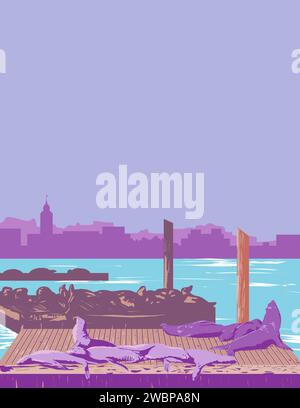 Art déco- oder WPA-Poster eines Seelöwen oder einer Ohrrobbe auf dem Embarcadero Boulevard entlang der Uferpromenade von San Francisco, USA Stockfoto